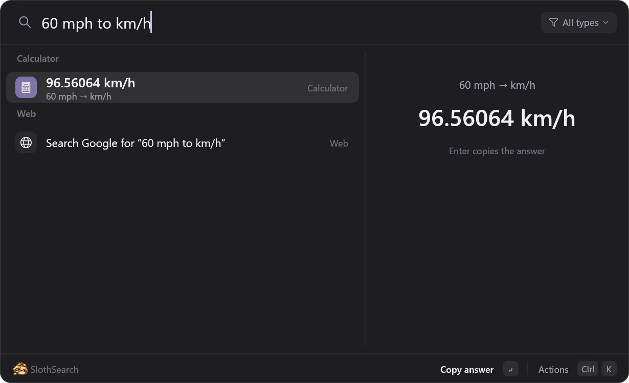 60 mph to km/h typed in; the calculator result reads 96.56064 km/h.