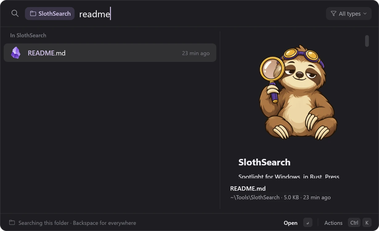SlothSearch opened over an Explorer window on the SlothSearch folder: a folder chip in the search bar, README.md as the result, and the README rendered in the preview pane.