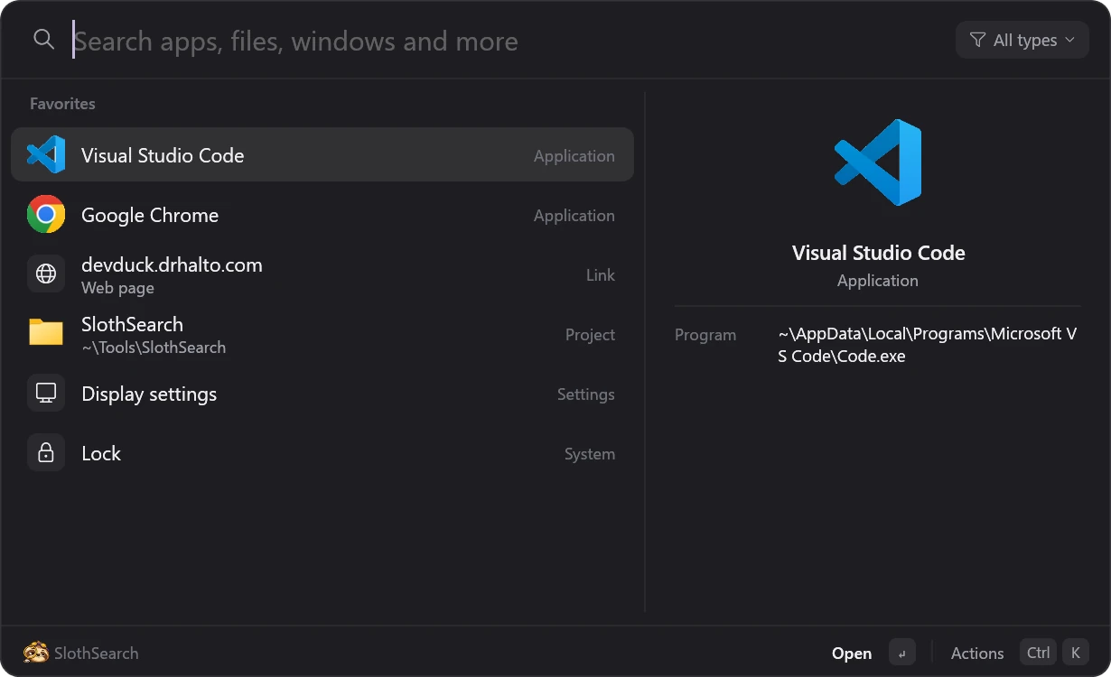 The empty search box showing Favorites: Visual Studio Code, Google Chrome, a web page, a project folder, Display settings and Lock.