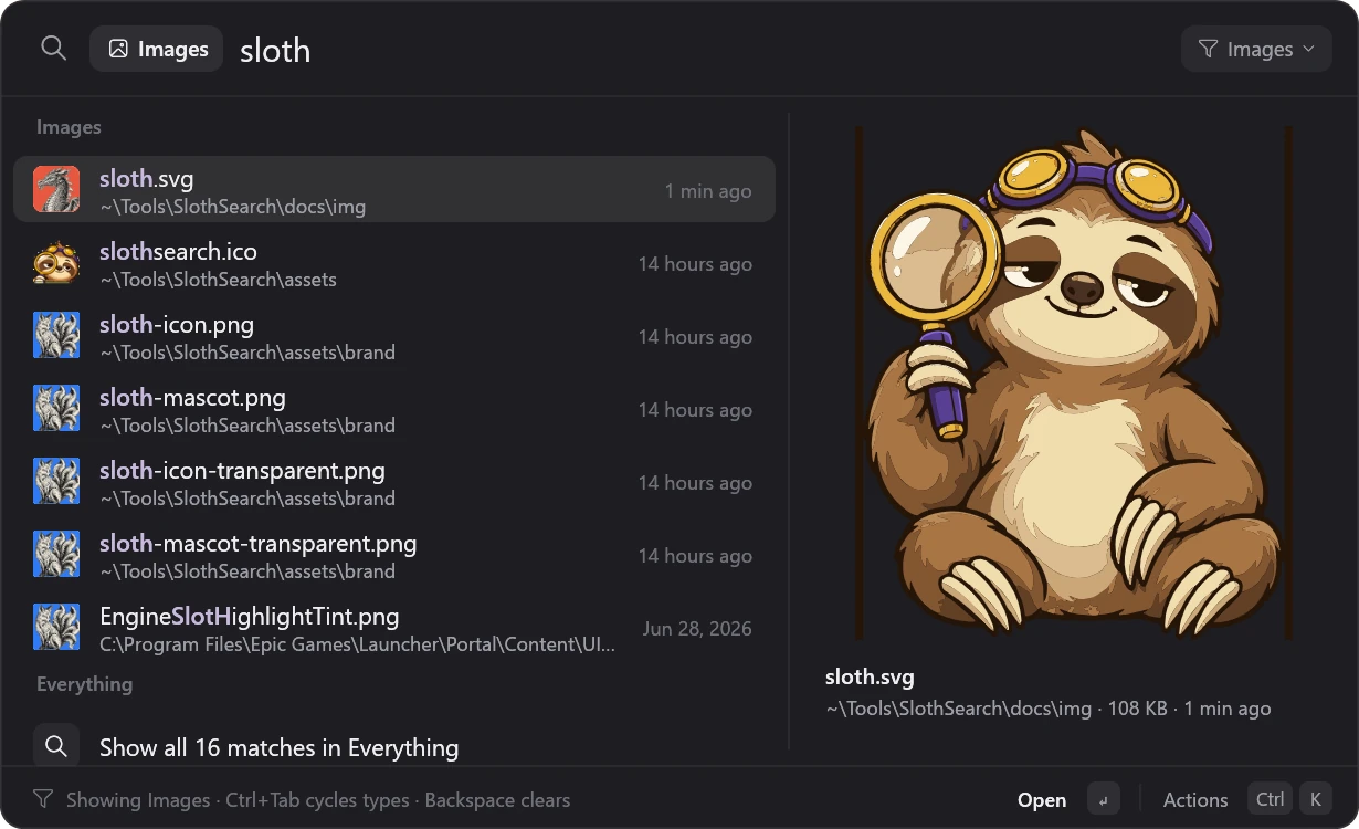 An Images filter chip with the search sloth: image files named sloth, with the selected SVG previewed on the right.