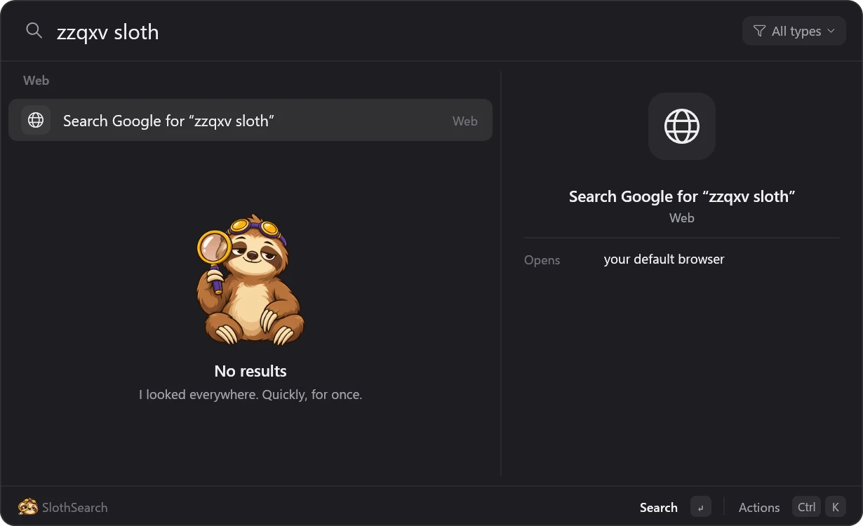 A search with no matches: the sloth sits in the results area above the words No results, I looked everywhere. Quickly, for once.