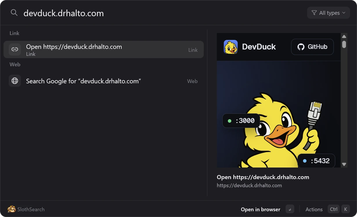 The SlothSearch launcher with devduck.drhalto.com typed in. The left column offers to open the link or search the web; the right column shows the live page.